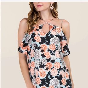 Joy lattice strap floral ruffle tank Blue Rain NWT